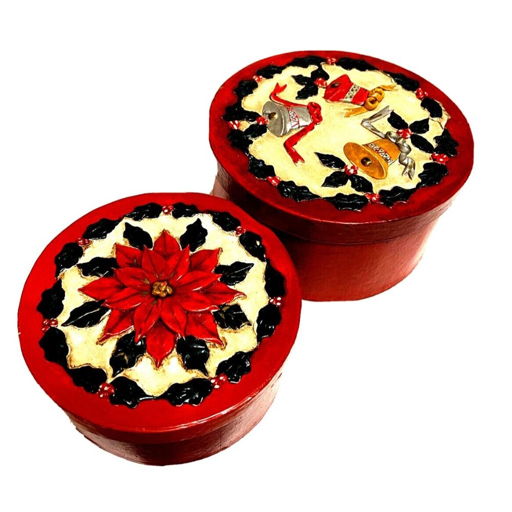 Vintage Christmas Red Paper Mache Lacquer 2 Nesting Storage Box 3D Lid Art Craft